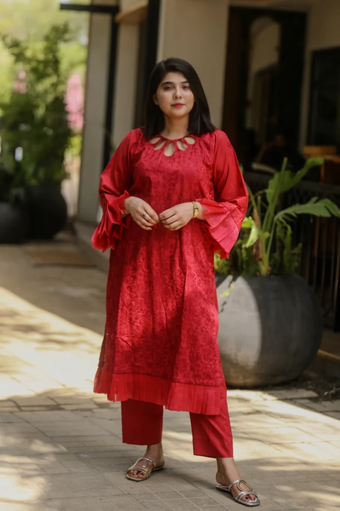2pc Embroidered suit Red (Stitched) - Image 1