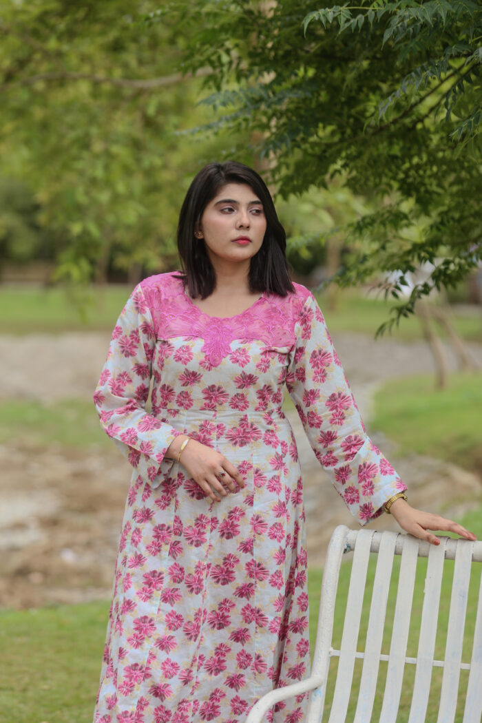 Gray Frock Pink Flowers Embroidered Dress With (Stitched) - Image 4