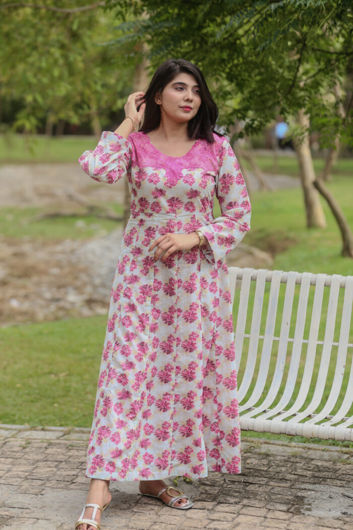 Gray Frock Pink Flowers Embroidered Dress With (Stitched) - Image 5