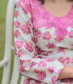 Gray Frock Pink Flowers Embroidered Dress With (Stitched) - Image 9