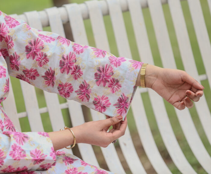 Gray Frock Pink Flowers Embroidered Dress With (Stitched) - Image 10