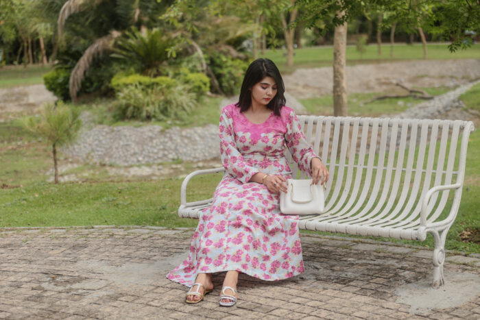 Gray Frock Pink Flowers Embroidered Dress With (Stitched) - Image 11