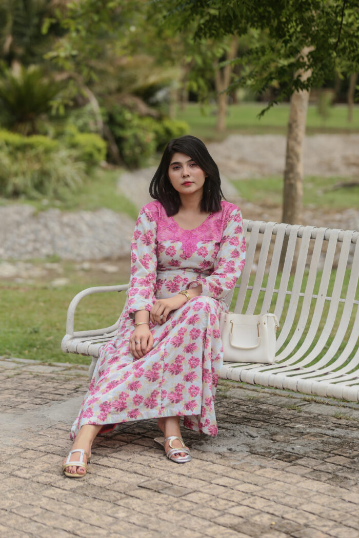 Gray Frock Pink Flowers Embroidered Dress With (Stitched) - Image 12