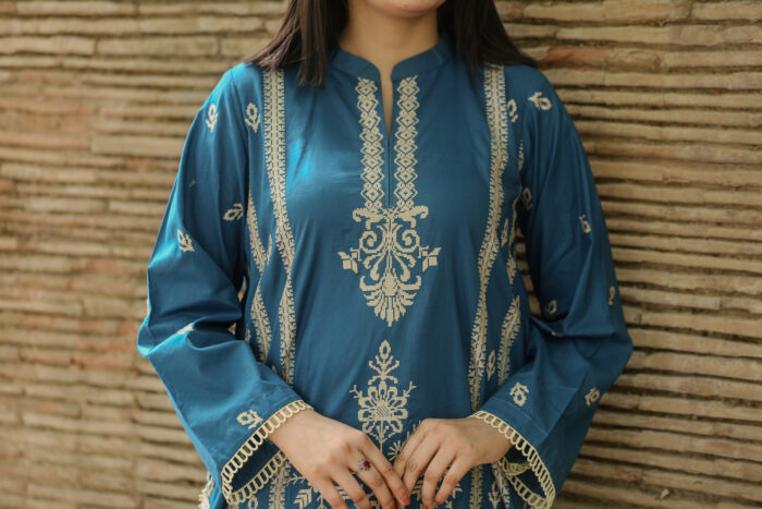 2pc Embroidered Suit Dark Blue (Stitched) - Image 2